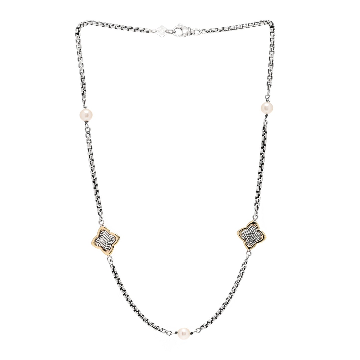 Sterling Silver 18K Yellow Gold Pearl 14mm Quatrefoil Station Necklace