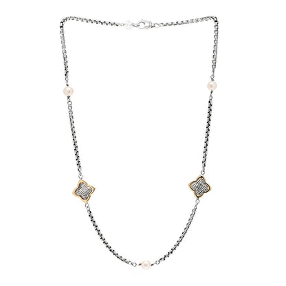 David Yurman Sterling Silver 18K Yellow Gold Pearl 14mm Quatrefoil Station Necklace 3 of 5