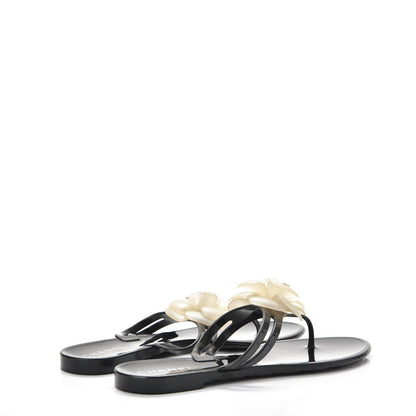 Chanel Jelly Camellia Thong Sandals 39 Black Ivory 4 of 9