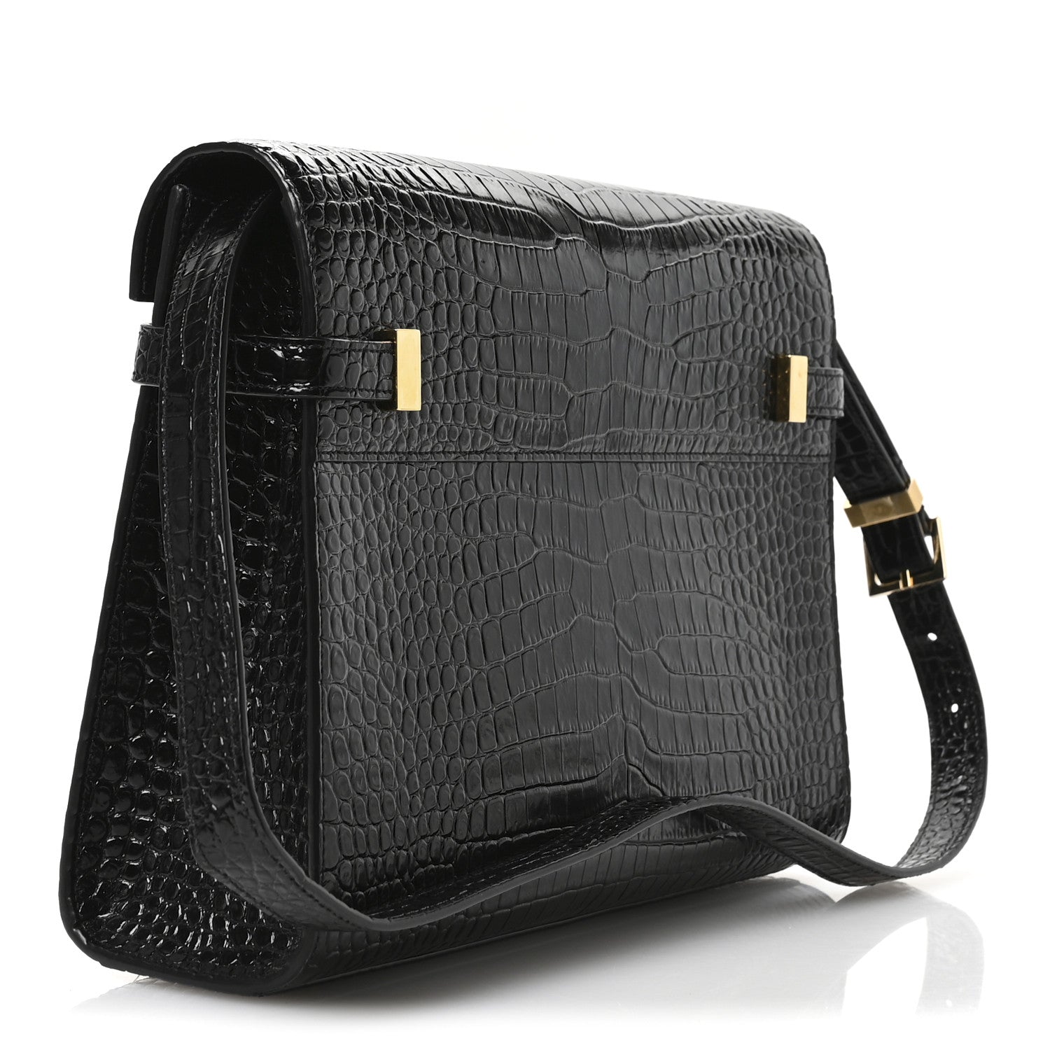Saint Laurent Shiny Calfskin Crocodile Embossed Manhattan Baguette Black 3 of 10