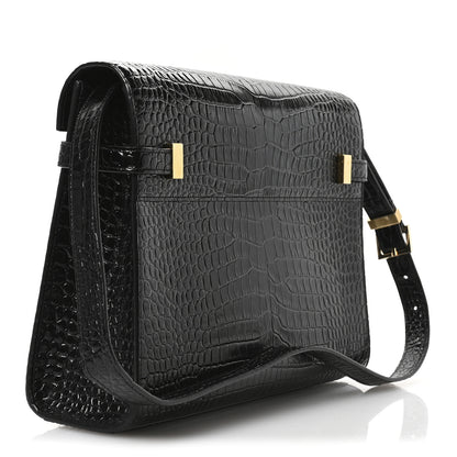 Saint Laurent Shiny Calfskin Crocodile Embossed Manhattan Baguette Black 3 of 10