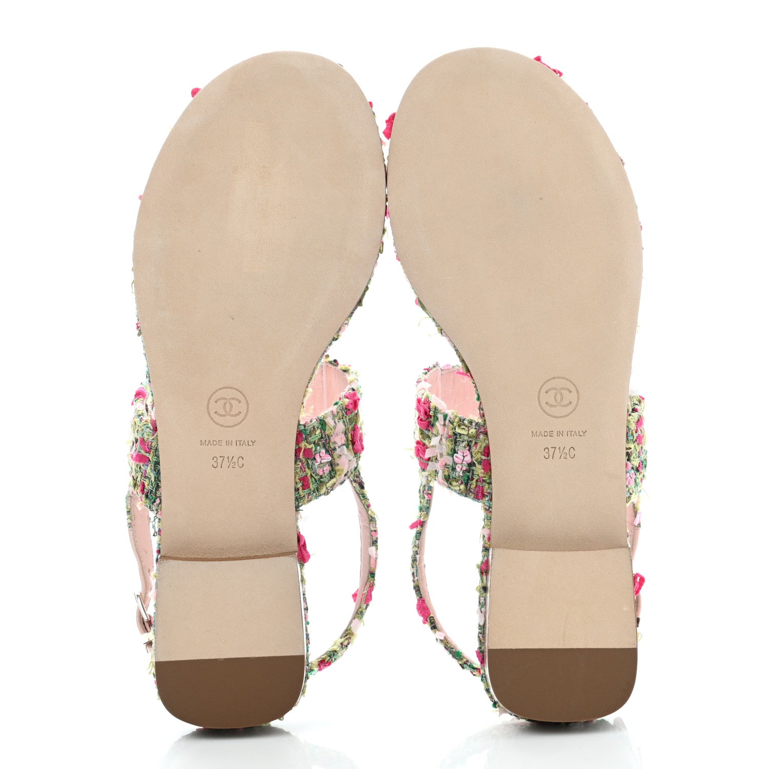 Chanel Tweed CC Logo Thong Sandals 37.5 Green Pink White 5 of 9