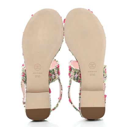 Chanel Tweed CC Logo Thong Sandals 37.5 Green Pink White 5 of 9