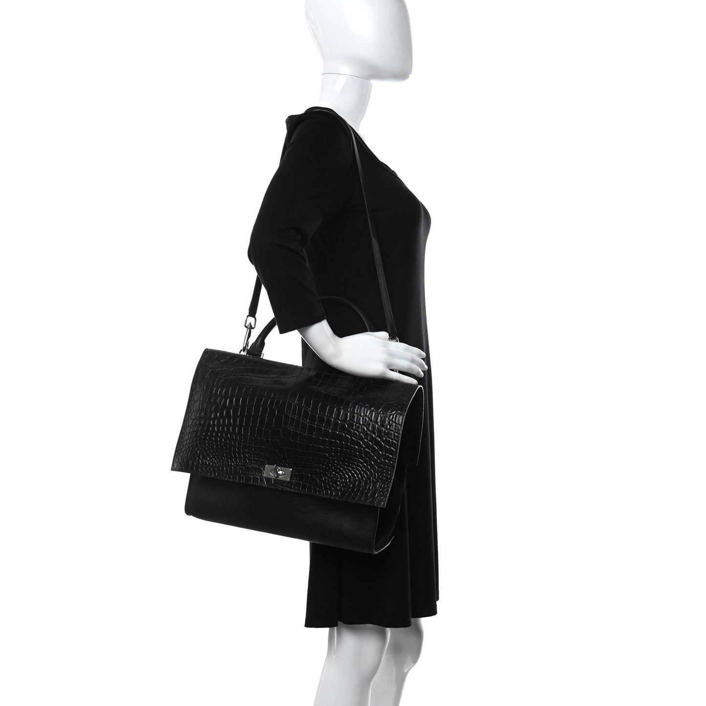 Calfskin Crocodile Embossed Medium Shark Lock Satchel Black