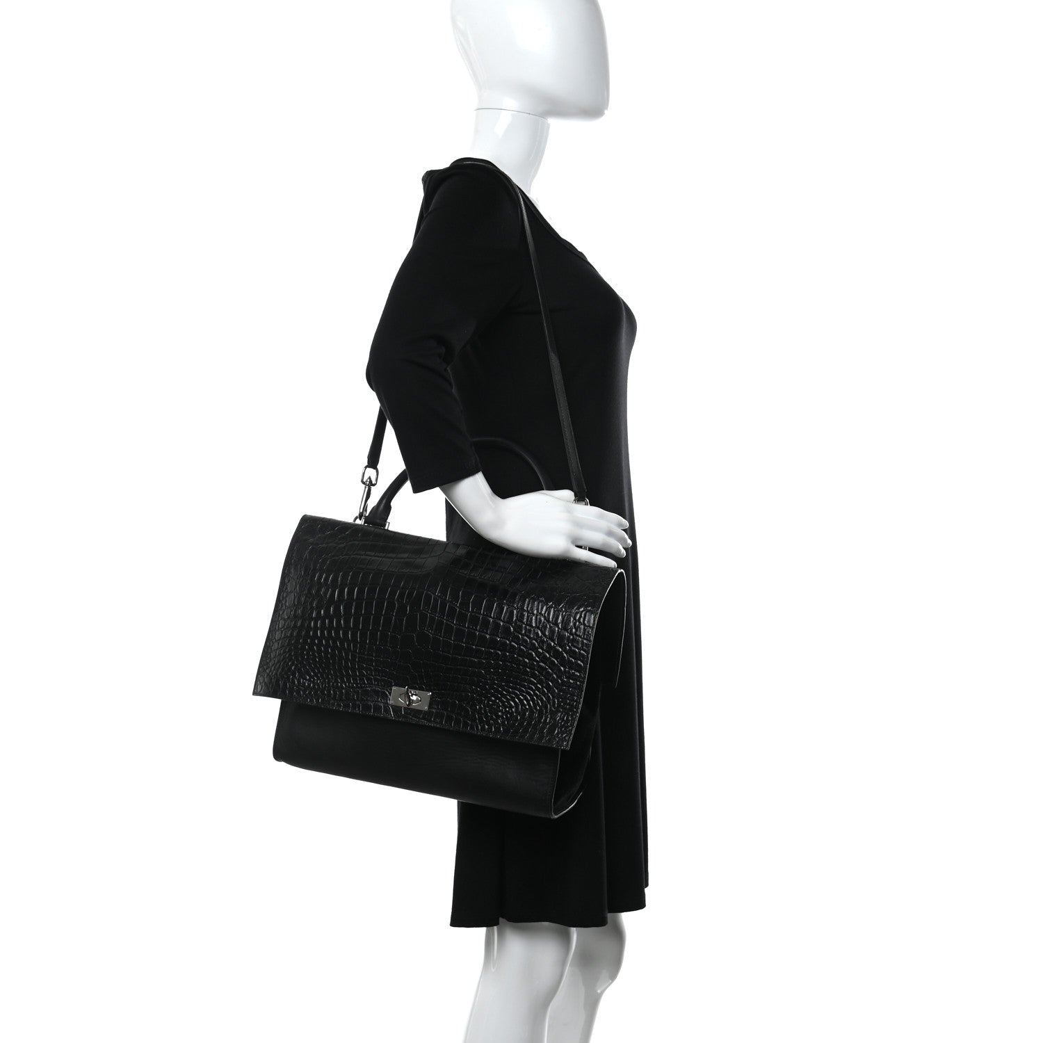 Givenchy Calfskin Crocodile Embossed Medium Shark Lock Satchel Black 2 of 11