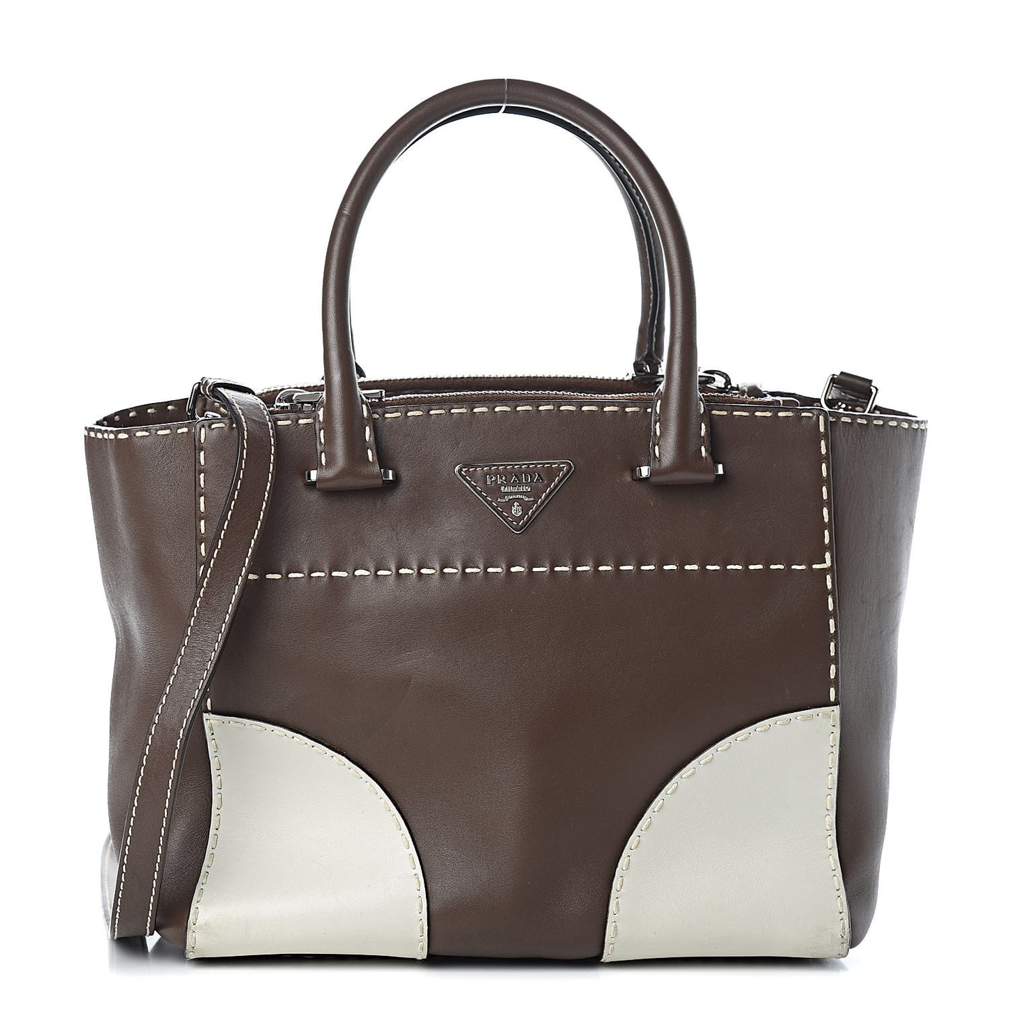City Calf Small Stitched Twin Pocket Tote Cacao White