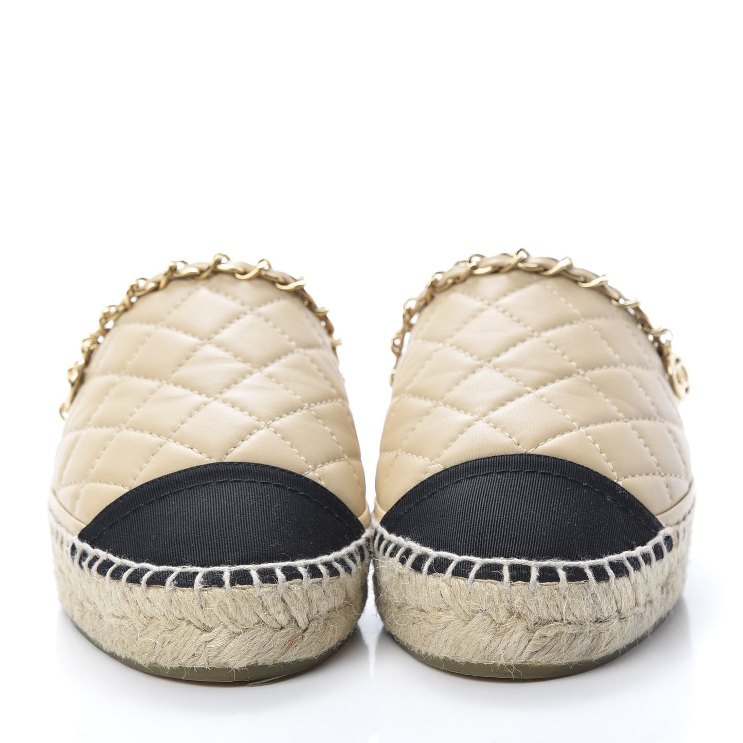 Lambskin Grosgrain Quilted CC Chain Espadrille Mules 35 Beige Black