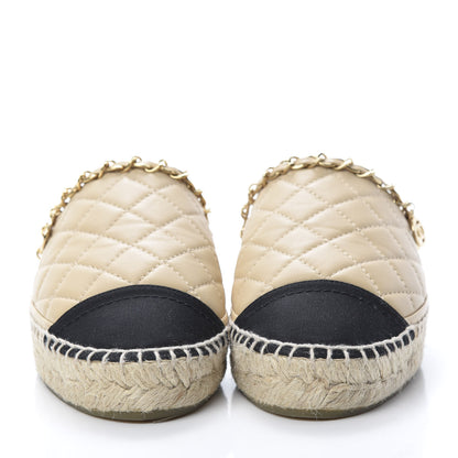 Chanel Lambskin Grosgrain Quilted CC Chain Espadrille Mules 35 Beige Black 2 of 12