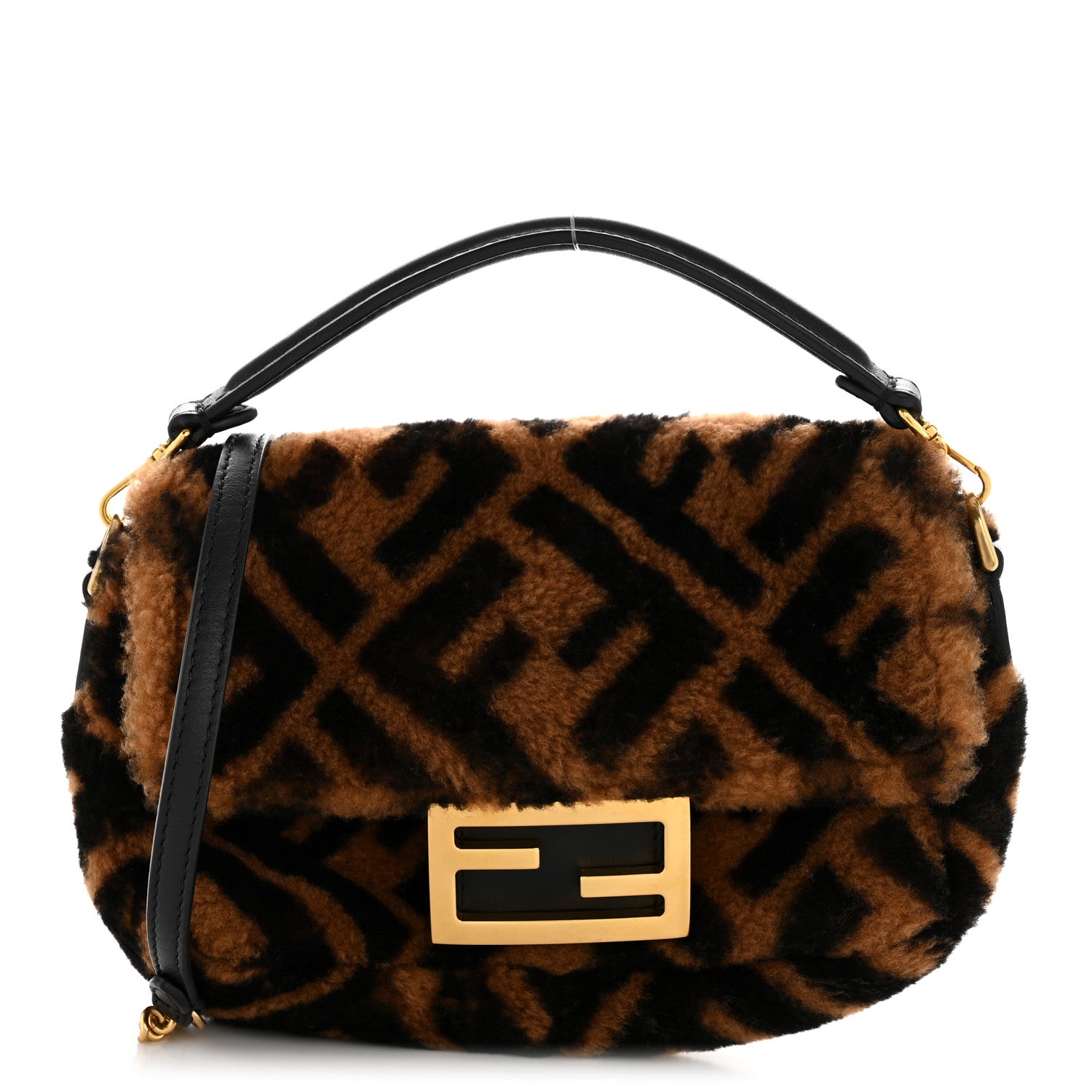 Fendi Shearling Vitello Dolce Macro FF 1974 Mini Baguette Tobacco Black 1 of 11