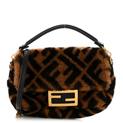 Fendi Shearling Vitello Dolce Macro FF 1974 Mini Baguette Tobacco Black 1 of 11