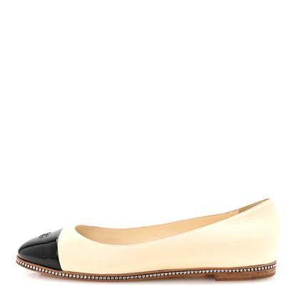 Chanel Patent Lambskin Crystal CC Cap Toe Ballerina Flats 40 Beige Black 1 of 9