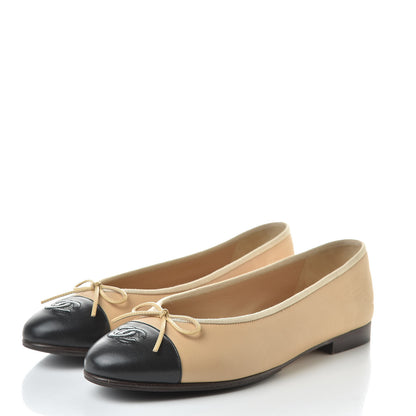 Chanel Lambskin Cap Toe CC Ballerina Flats 40 Beige Black 3 of 15