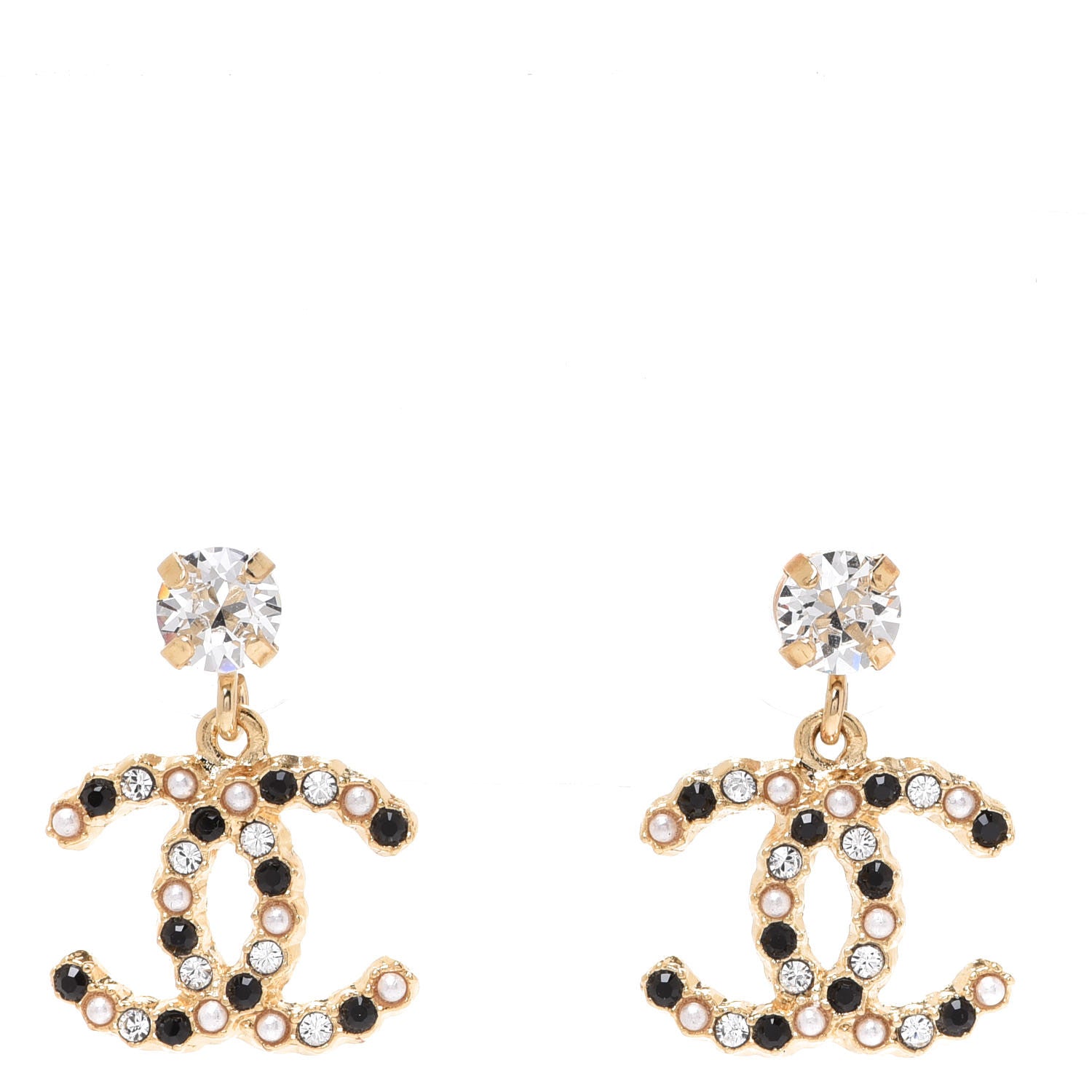 Chanel Resin Crystal Pearl CC Drop Earrings Gold Black 1 of 5