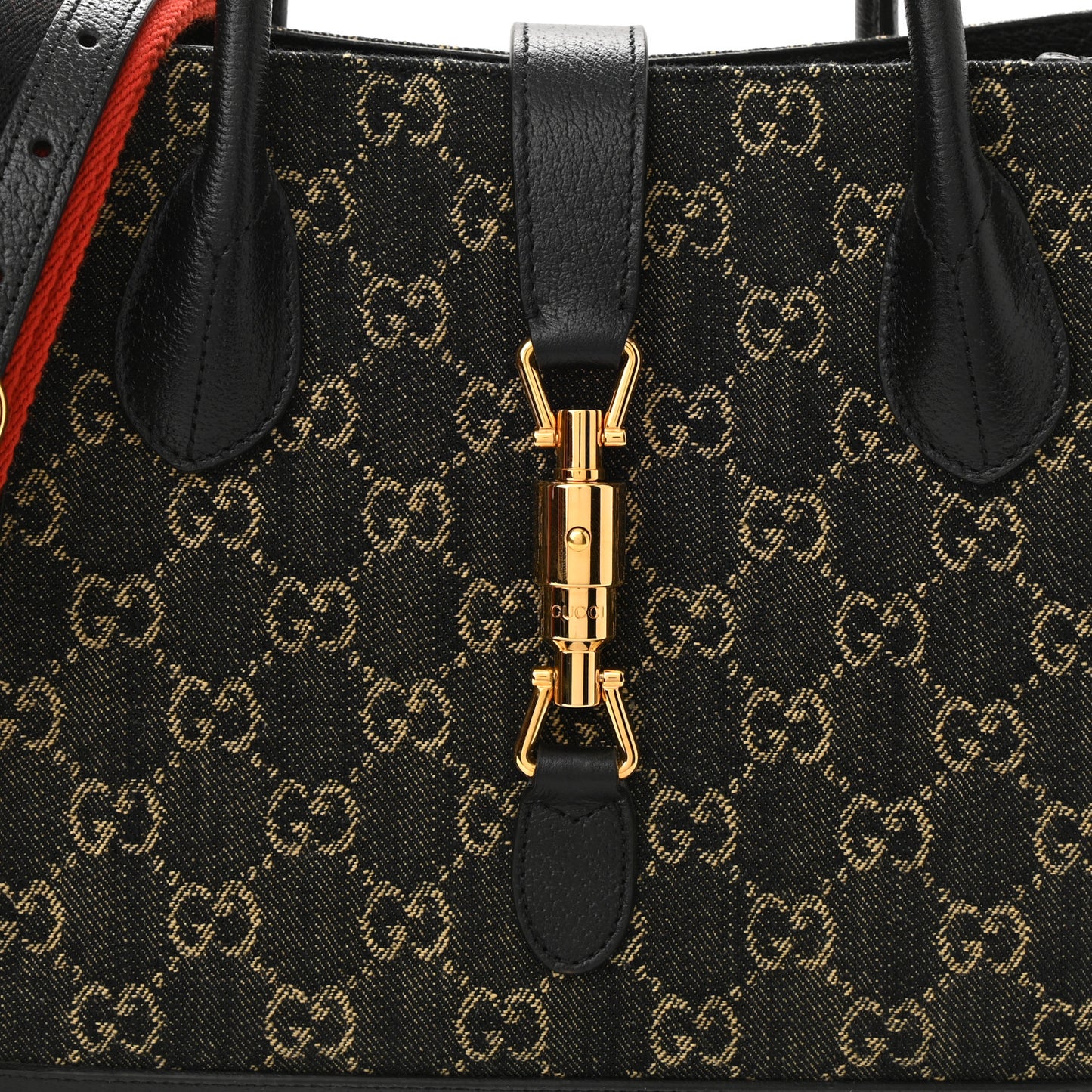 Jacquard Black Denim GG Monogram Textured Dollar Calfskin Medium Jackie 1961 Tote Black Ivory