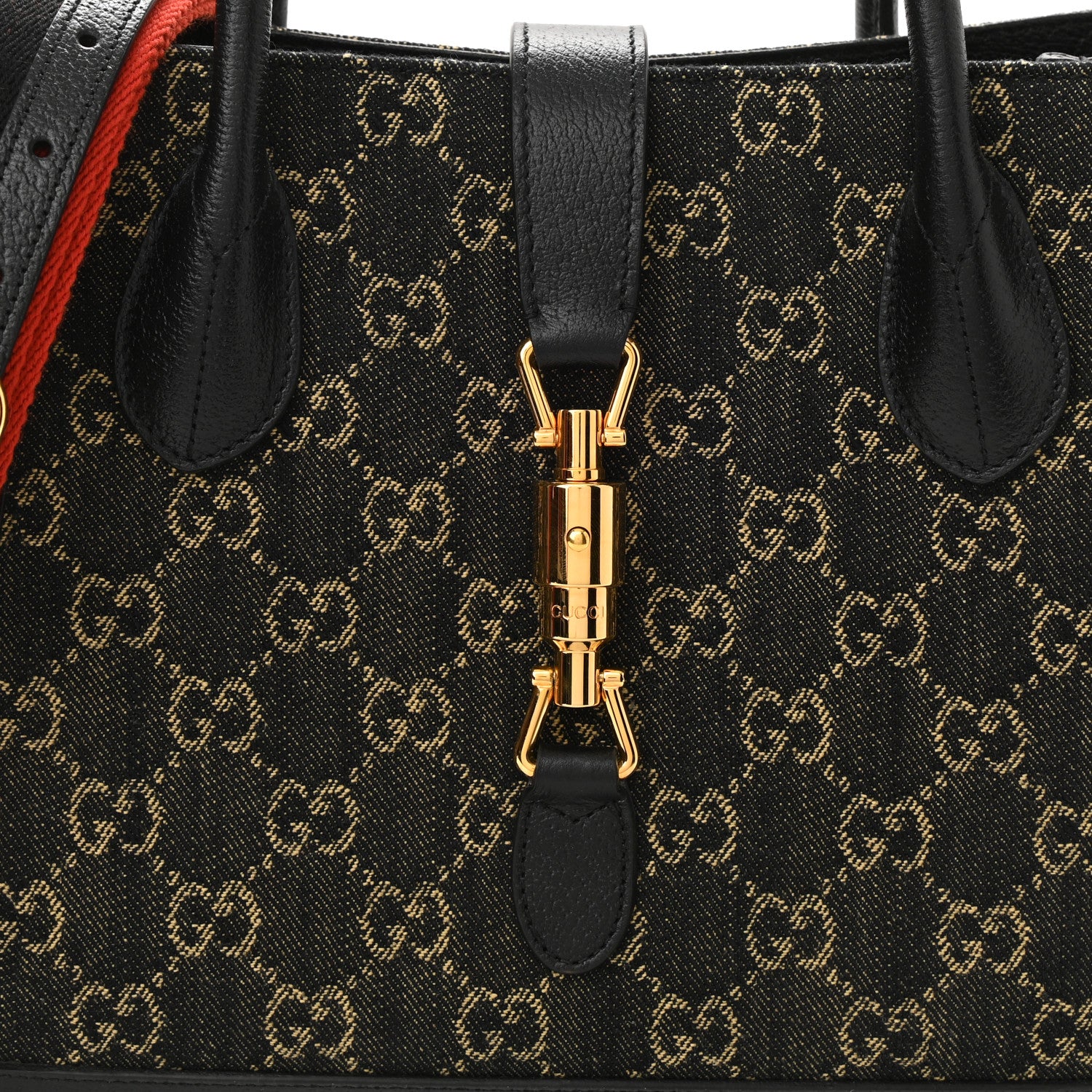 Gucci Jacquard Black Denim GG Monogram Textured Dollar Calfskin Medium Jackie 1961 Tote Black Ivory 7 of 9