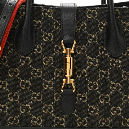 Gucci Jacquard Black Denim GG Monogram Textured Dollar Calfskin Medium Jackie 1961 Tote Black Ivory 7 of 9