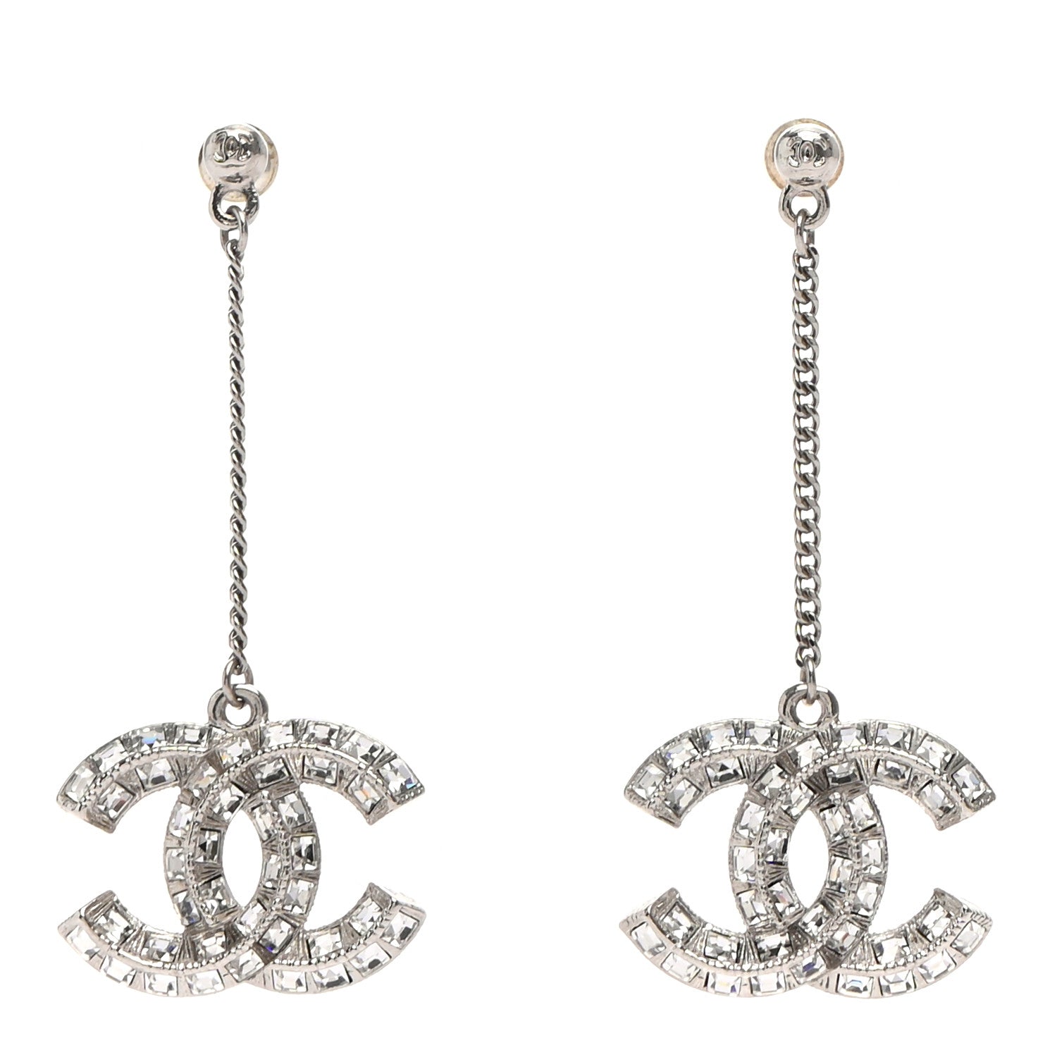 Chanel Baguette Crystal CC Drop Earrings Silver 1 of 4