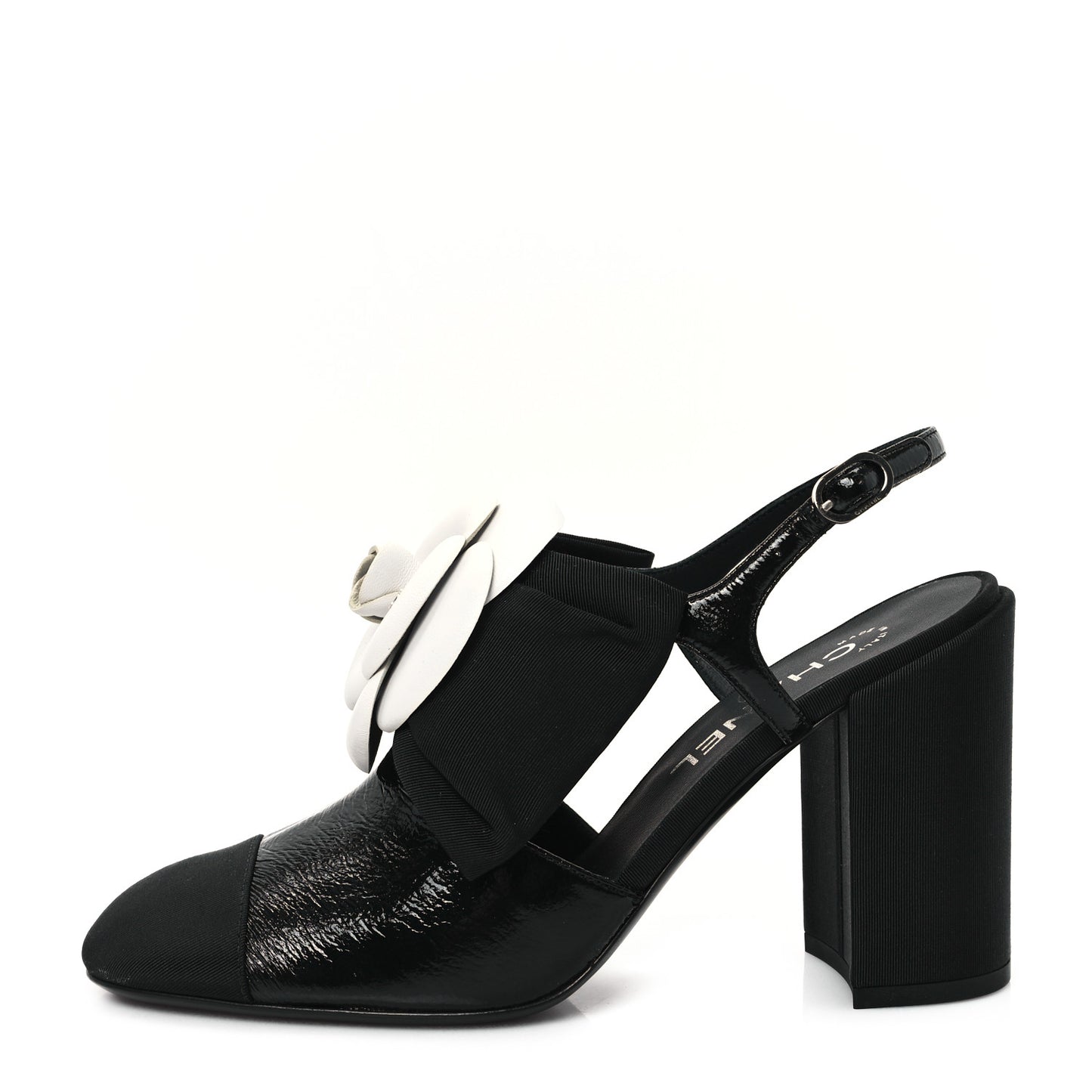 Crumpled Shiny Fabric Grosgrain Cap Toe Camellia Bow Slingback Pumps 38 Black