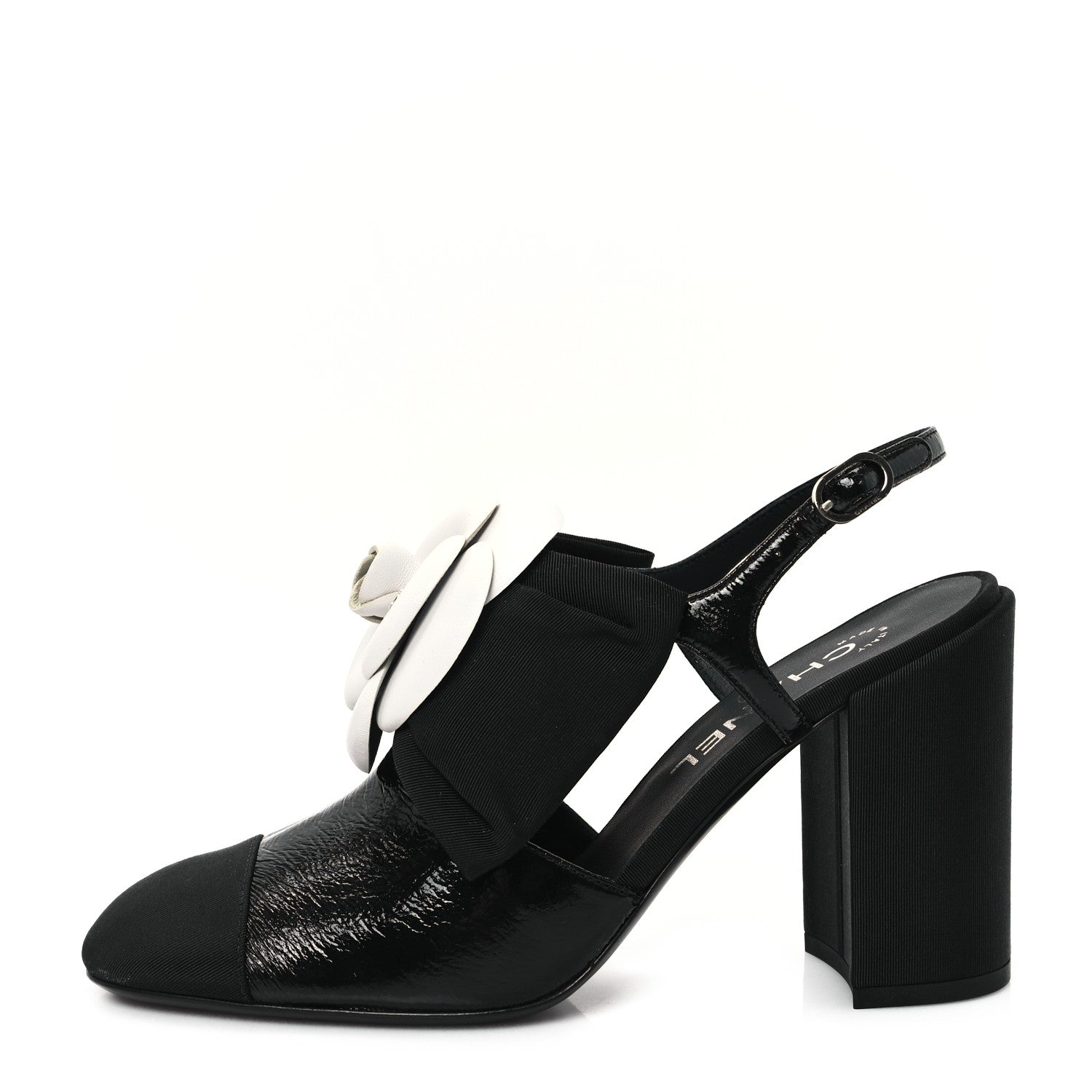 Chanel Crumpled Shiny Fabric Grosgrain Cap Toe Camellia Bow Slingback Pumps 38 Black 1 of 10