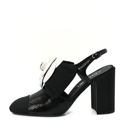 Chanel Crumpled Shiny Fabric Grosgrain Cap Toe Camellia Bow Slingback Pumps 38 Black 1 of 10