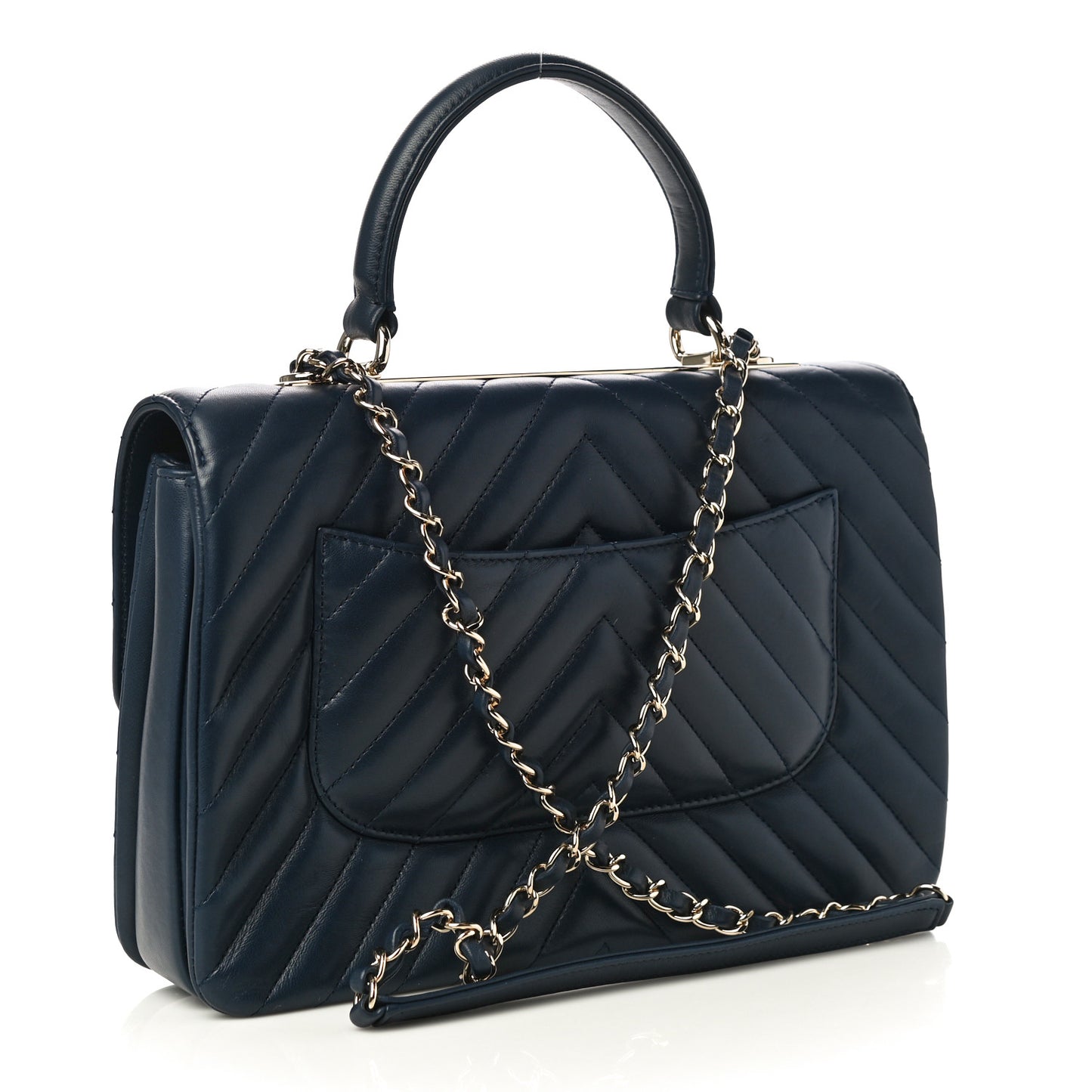 Lambskin Chevron Quilted Medium Trendy CC Dual Handle Flap Bag Navy