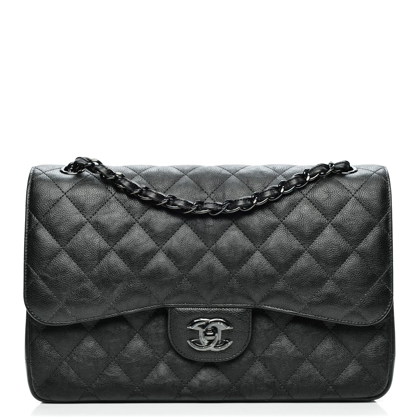 Crumpled Calfskin Quilted Jumbo Double Flap So Black