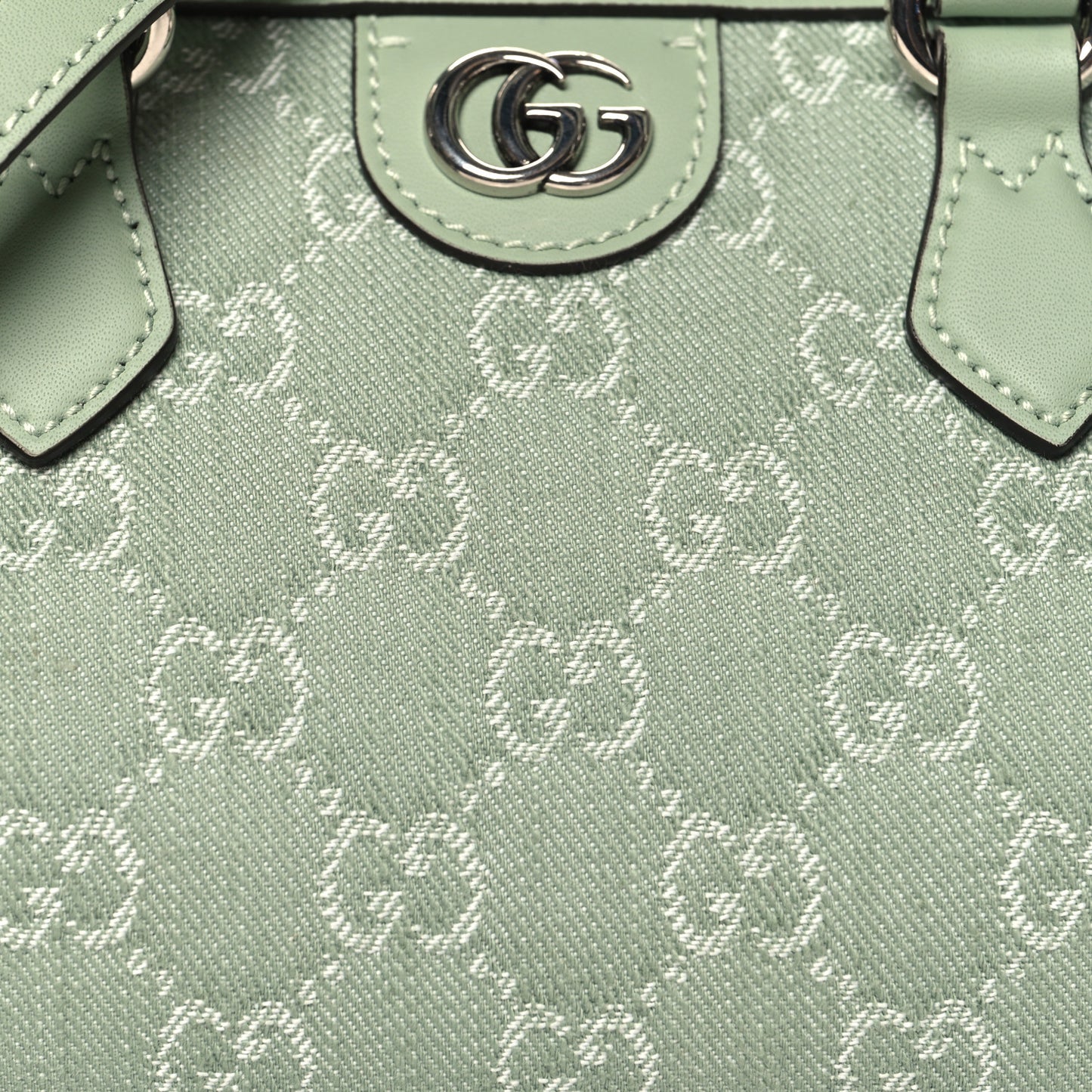 Denim GG Monogram Calfskin Mini Ophidia Top Handle Bag Pale Green