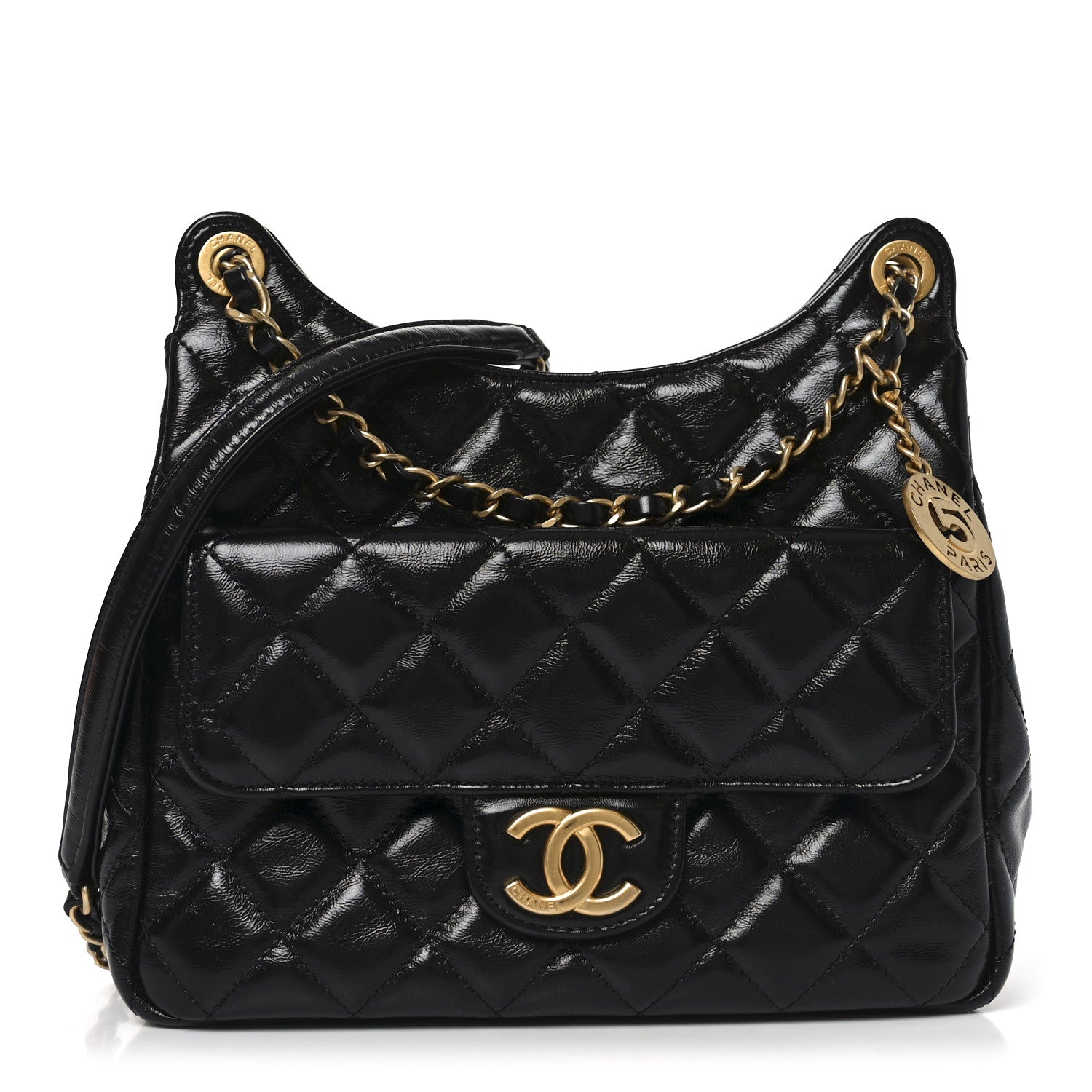 CHANEL ブラック コーデュロイ パーティーバッグ Chanel Shiny Crumpled Calfskin Quilted Wavy CC Hobo Black 1855098
