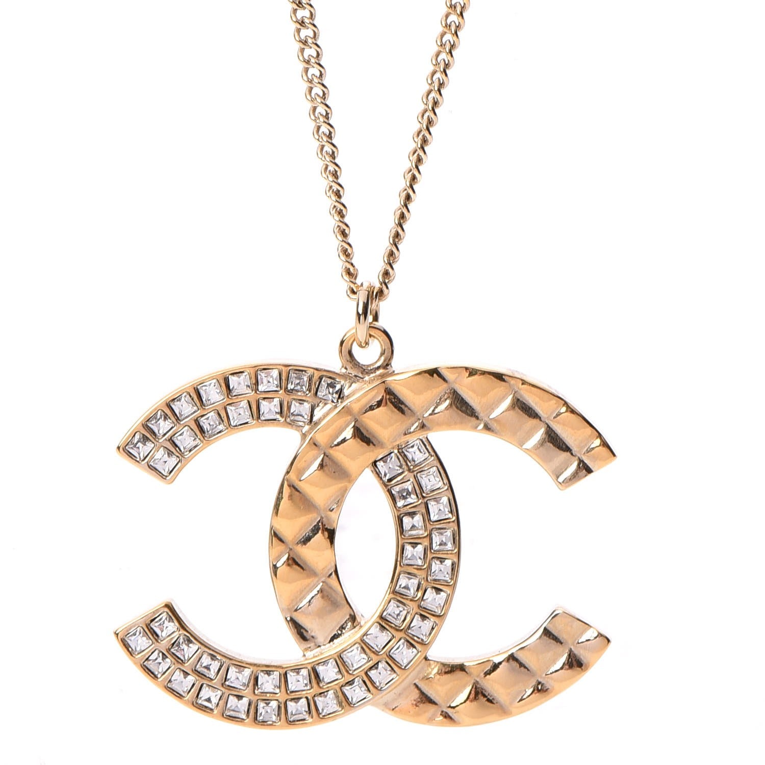 Chanel Baguette Crystal Quilted CC Pendant Necklace Gold 4 of 6