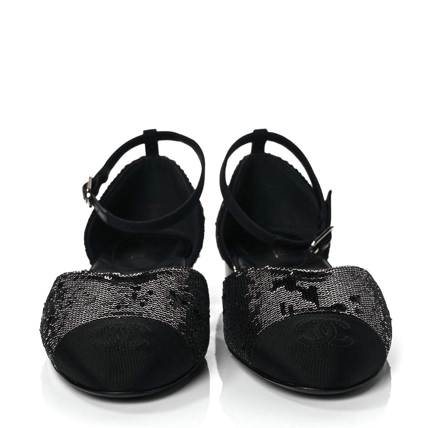 Sequin Grosgrain CC Cap Toe Ankle Flat 37.5 Black
