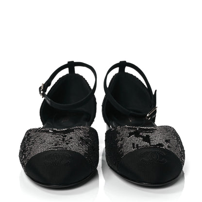 Chanel Sequin Grosgrain CC Cap Toe Ankle Flat 37.5 Black 2 of 9