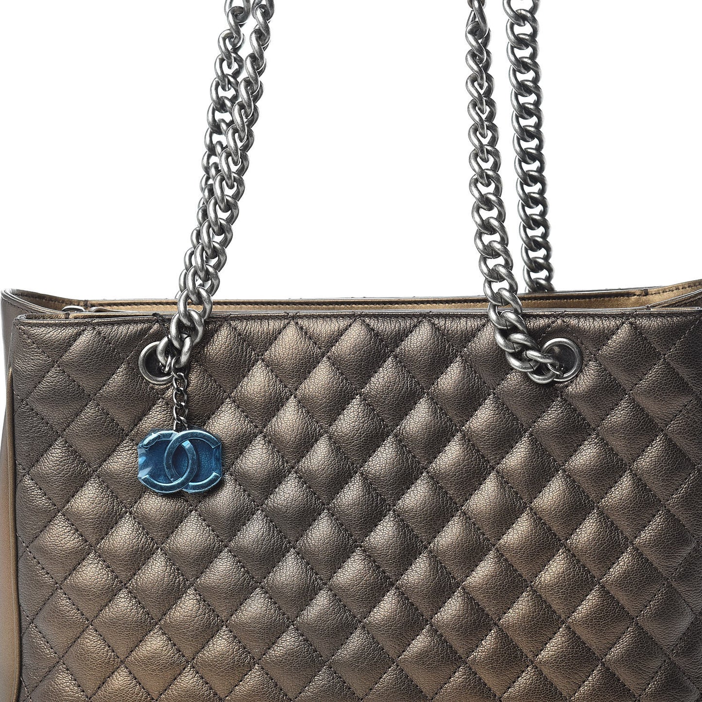 Metallic Grained Calfskin Quilted Shopping Tote Dark Gold