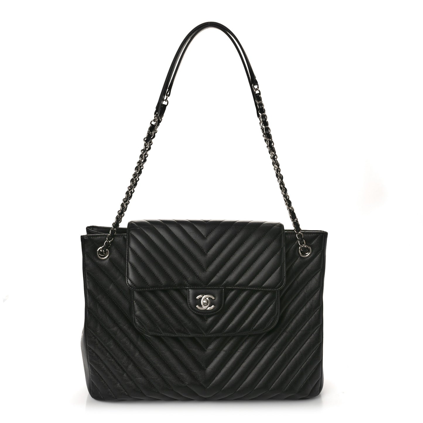 Caviar Chevron Quilted Flap Tote Black