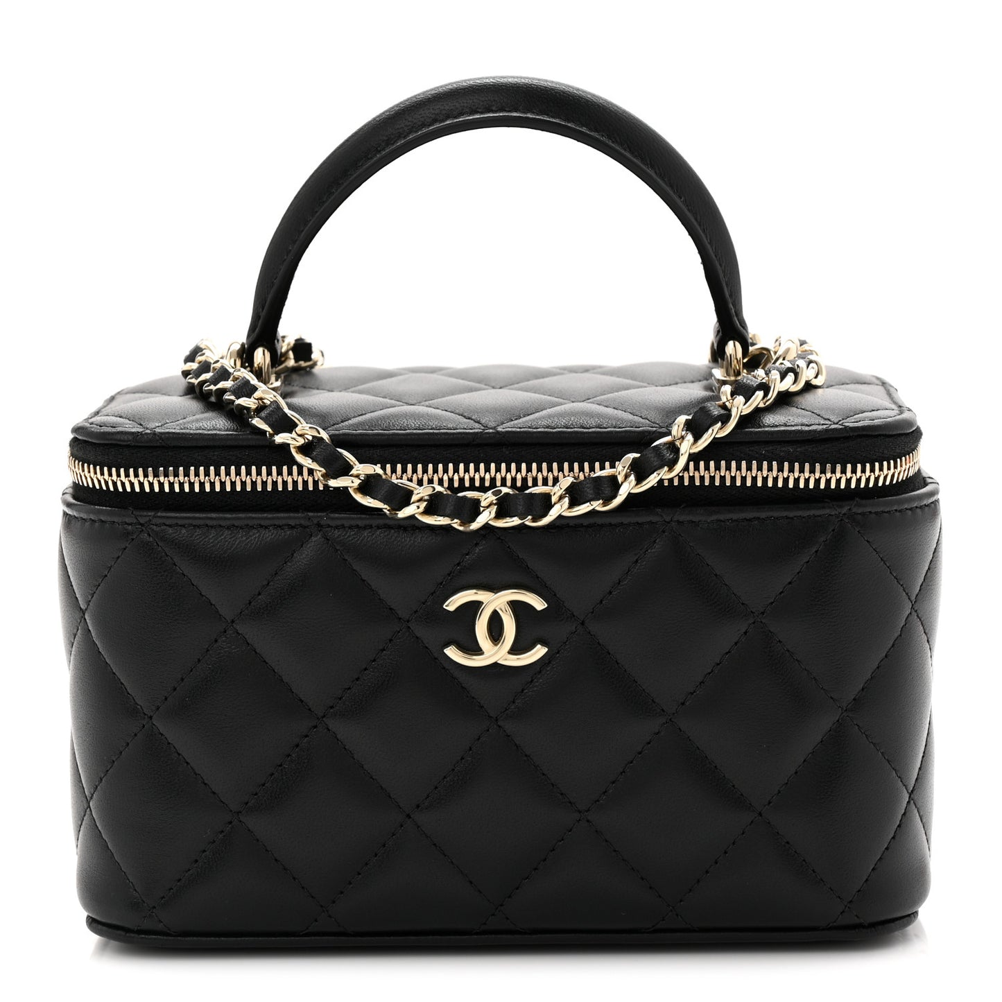 Lambskin Quilted Small Top Handle Vanity Case With Chain Black