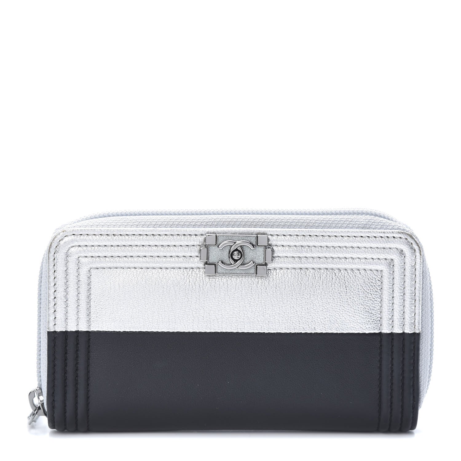 Chanel Metallic Goatskin Calfskin Large Bi-Color Zip Around Boy Wallet Black Silver 1 of 8