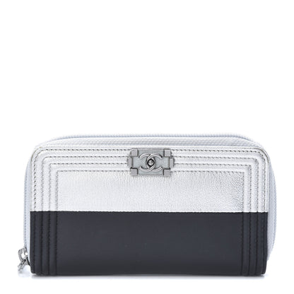 Chanel Metallic Goatskin Calfskin Large Bi-Color Zip Around Boy Wallet Black Silver 1 of 8