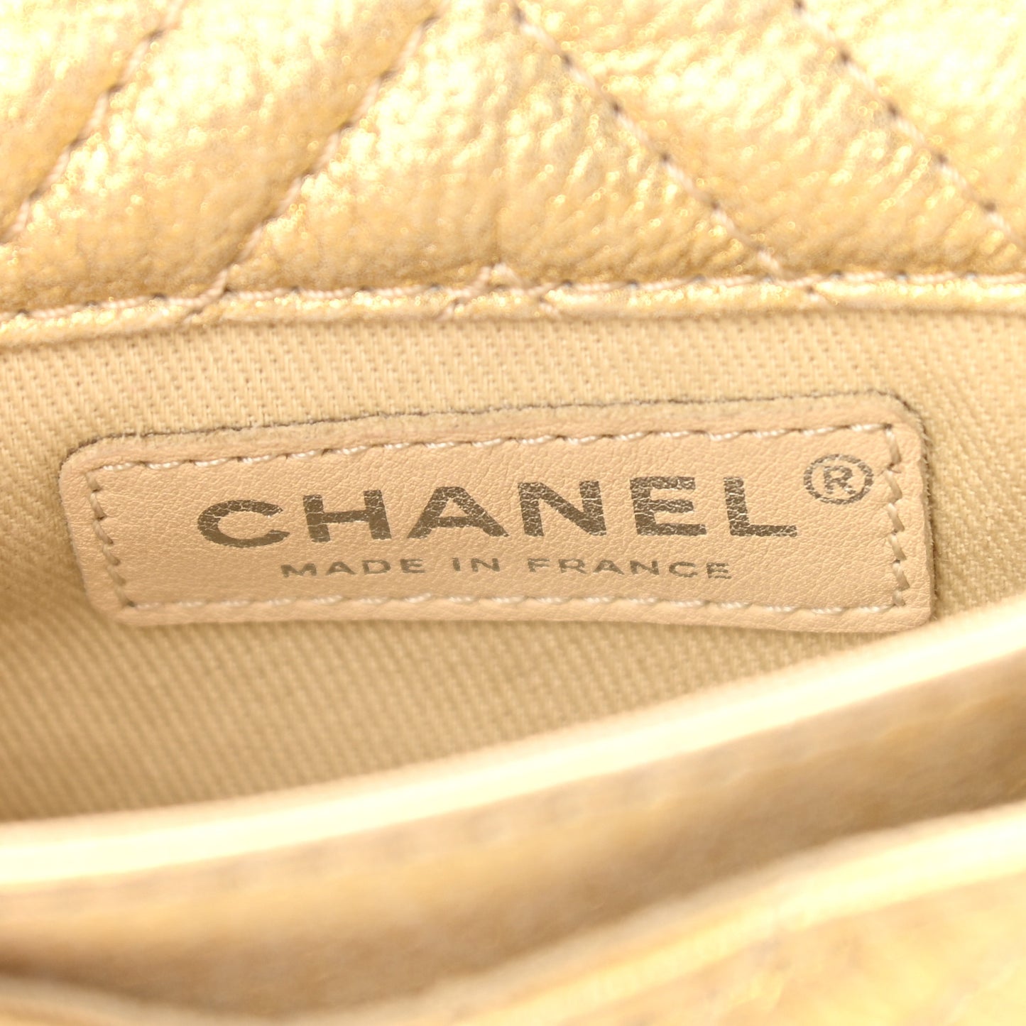 Metallic Aged Calfskin Chevron Small Bubble CC Flap Gold