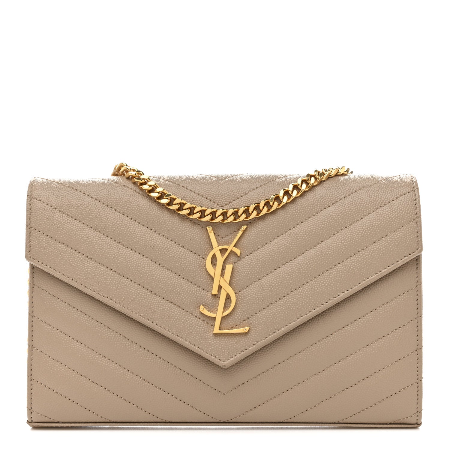 Saint Laurent Grain De Poudre Matelasse Chevron Monogram Chain Wallet Dark Beige 1 of 14