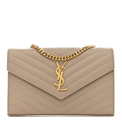 Saint Laurent Grain De Poudre Matelasse Chevron Monogram Chain Wallet Dark Beige 1 of 14
