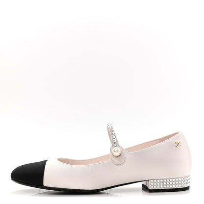 Chanel Strass Satin Grosgrain Mary Jane Flats 38 Ivory Black 1 of 10