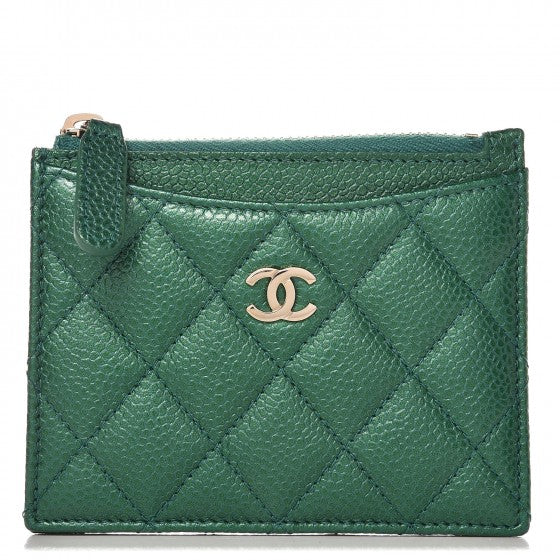 Metallic Caviar Quilted CC Zip Card Holder Green