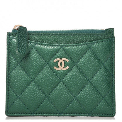 Chanel Metallic Caviar Quilted CC Zip Card Holder Green 1 of 8