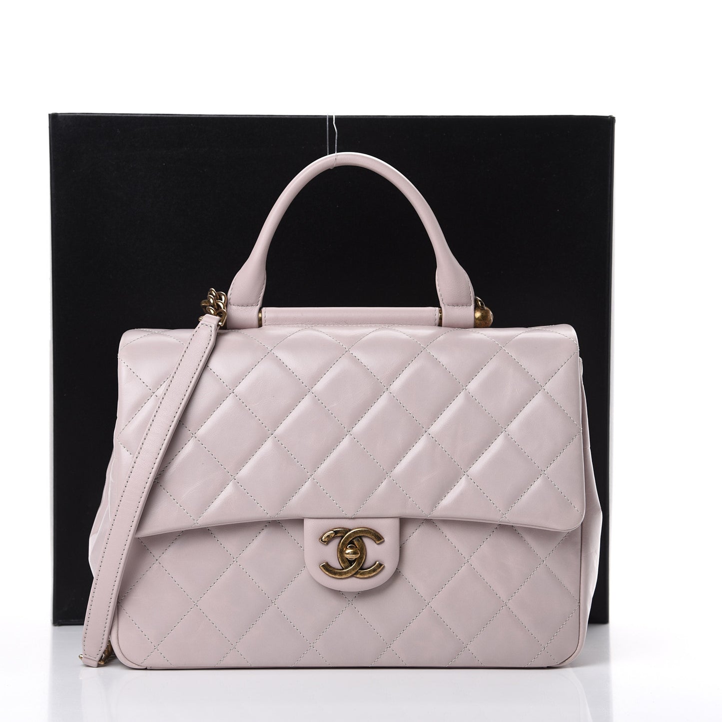 Calfskin Quilted Large Gold Bar Top Handle Flap Light Pink
