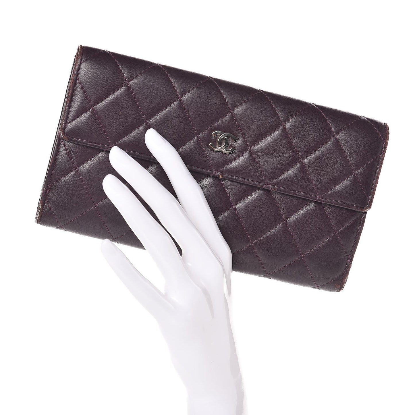 Lambskin Quilted Long Flap Wallet Prune
