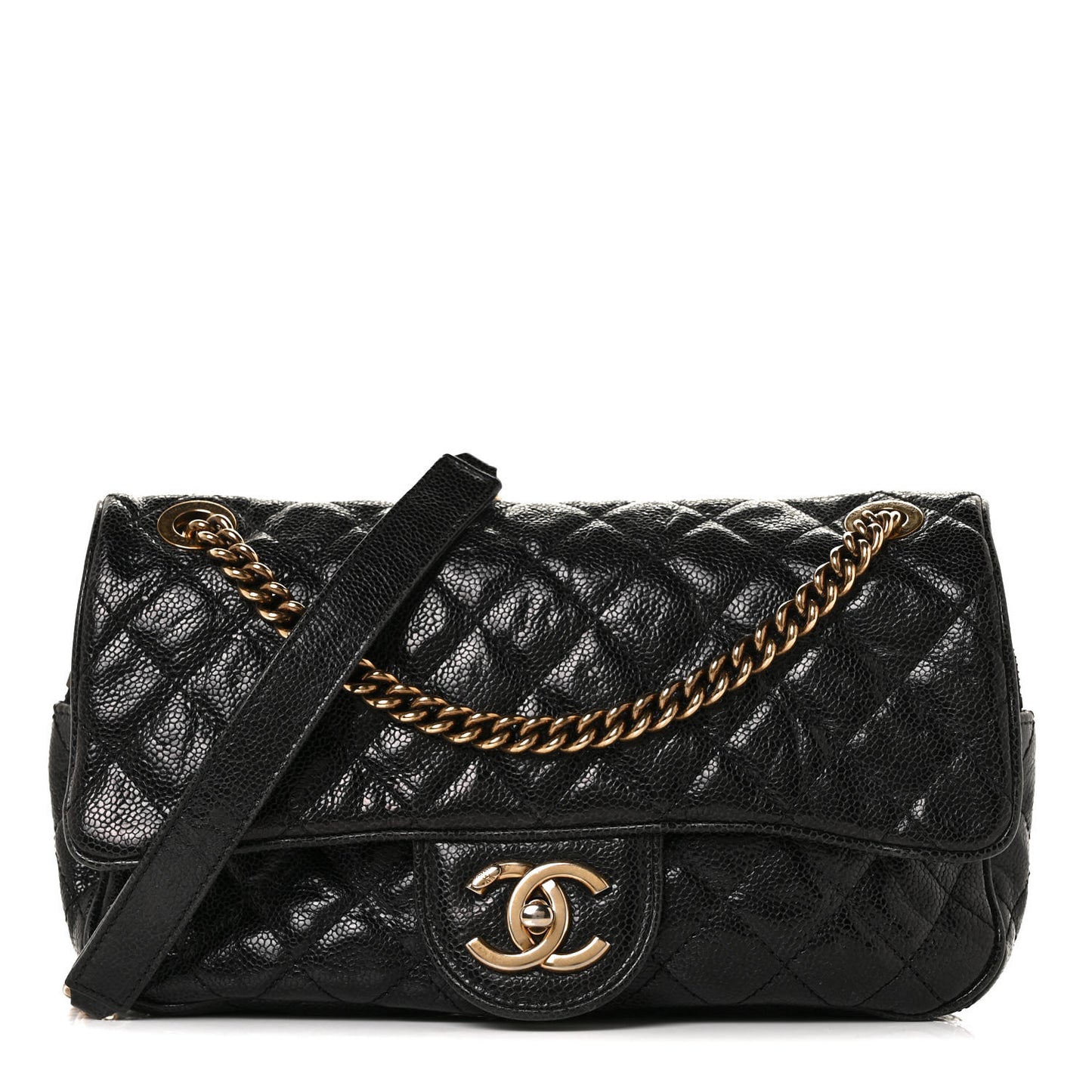 Crumpled Grained Calfskin Quilted Small Shiva Flap Black