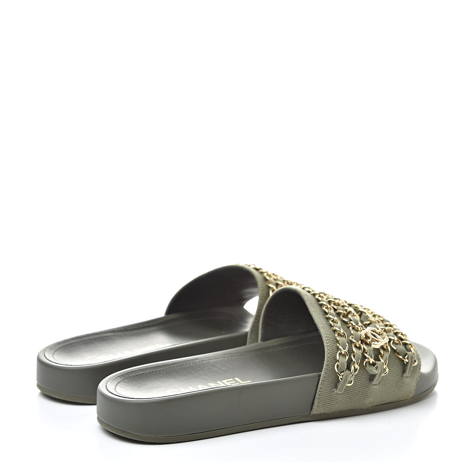 Chanel Canvas Chain Flat Sandals 37 Khaki 4 of 9