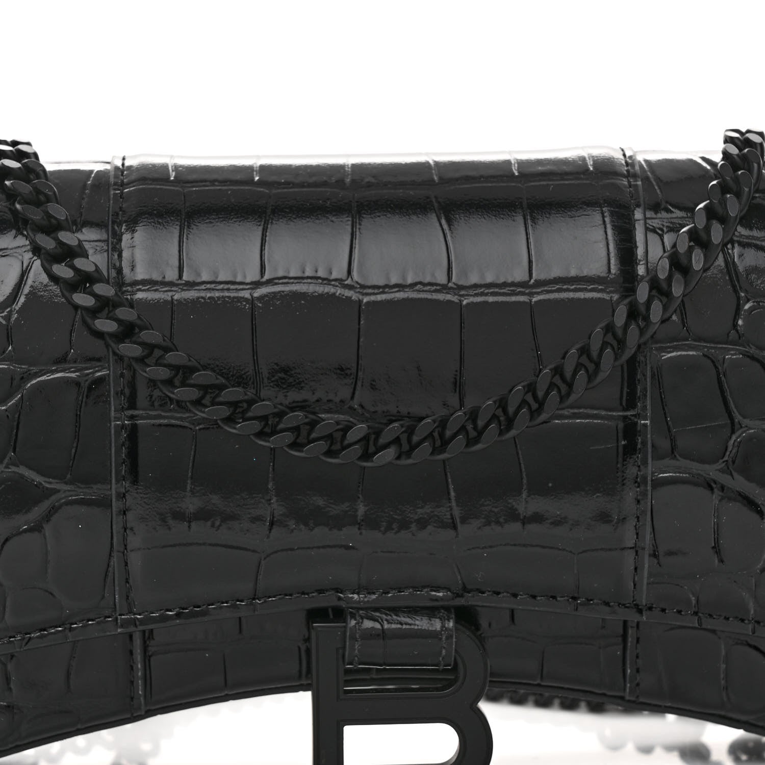 Balenciaga Shiny Calfskin Monochrome Crocodile Embossed Hourglass Chain Bag Black 7 of 9