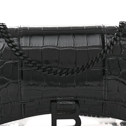 Balenciaga Shiny Calfskin Monochrome Crocodile Embossed Hourglass Chain Bag Black 7 of 9