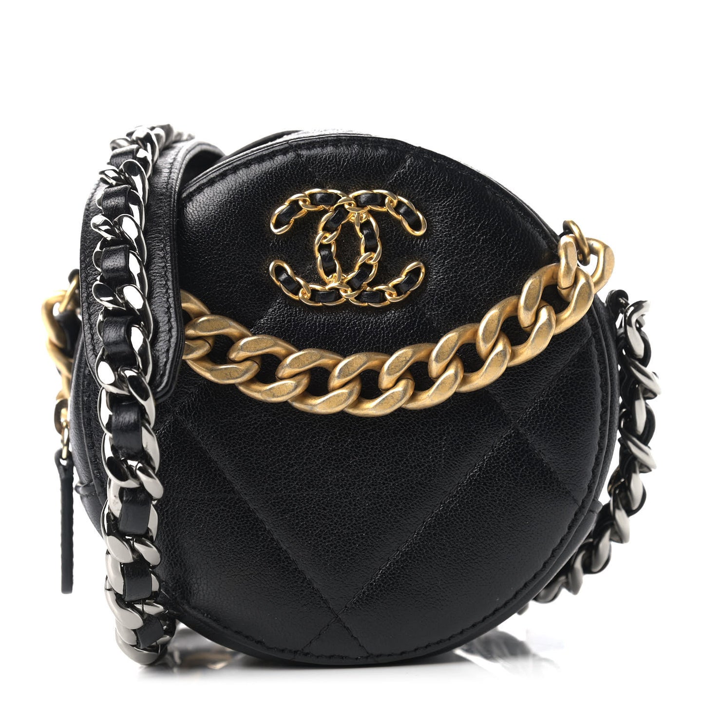 Shiny Goatskin Quilted Chanel 19 Round Clutch With Chain Black