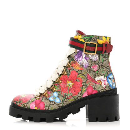 Gucci GG Supreme Monogram Flora Lace Up Combat Ankle Boots 37.5 Beige Multicolor Red 1 of 9